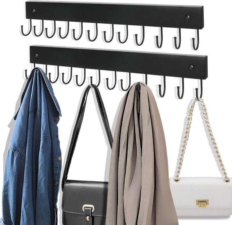 AnDock 2 Pack Purse Organizer Wall Mount with 24 Rotating 180° Coat Rack, 14.6" Wooden Entryway Purse Holder, Wall Hooks for Hanging Belts, Ties, Keys, Scarf, Bras, Bag, Space Saving Hanger (Black) - Image 1